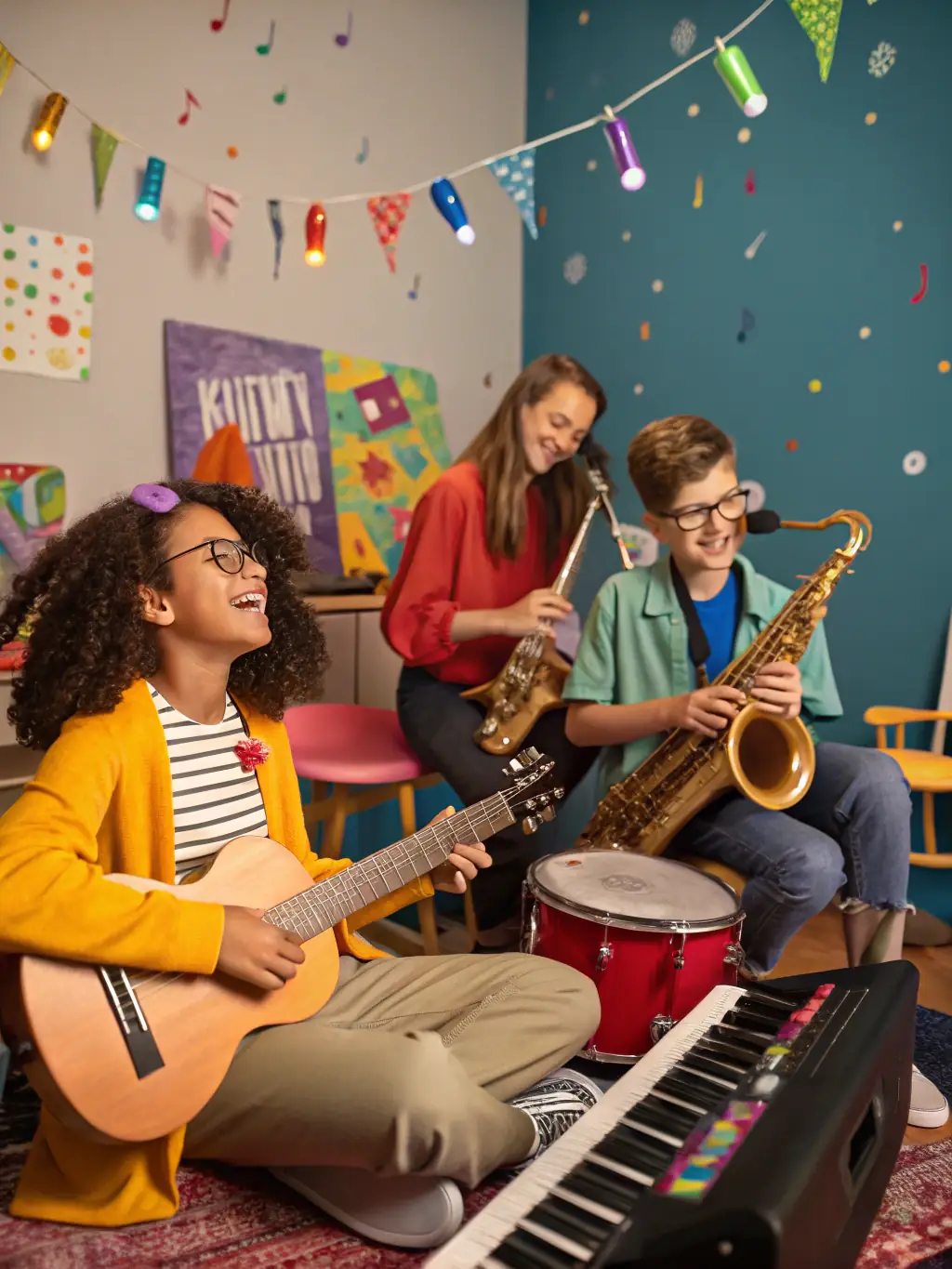 A group of young musicians participating in a string ensemble workshop, focused on improving their technique and coordination.