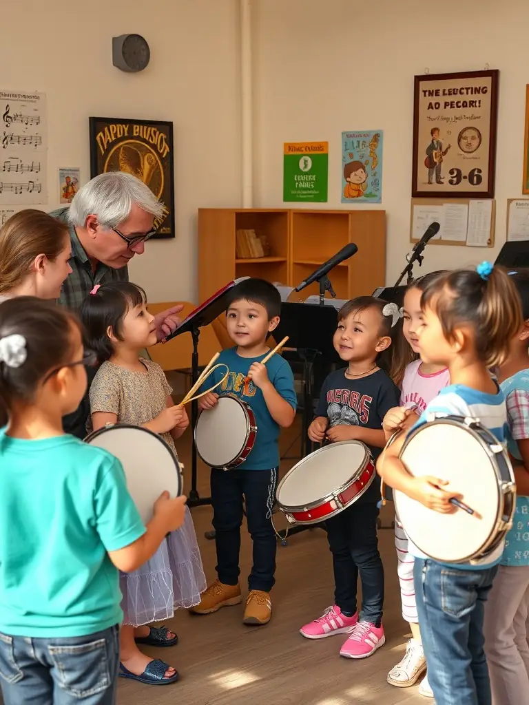 A photo of students participating in a music workshop, learning about music theory and composition from experienced instructors.