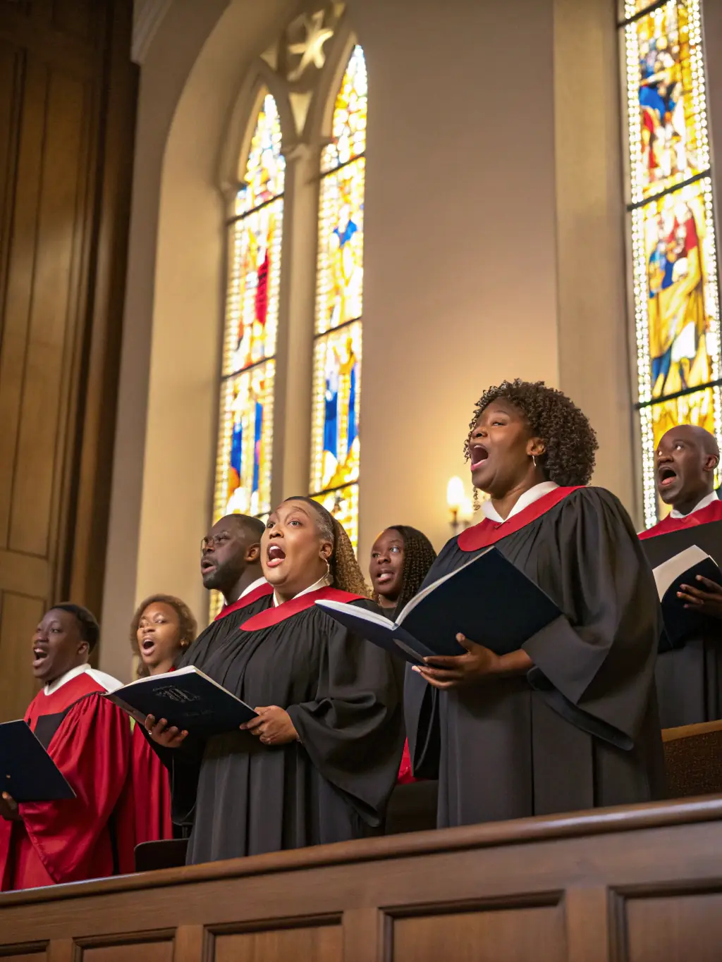 A choir performing on stage during a public concert, showcasing their vocal harmonies and stage presence.