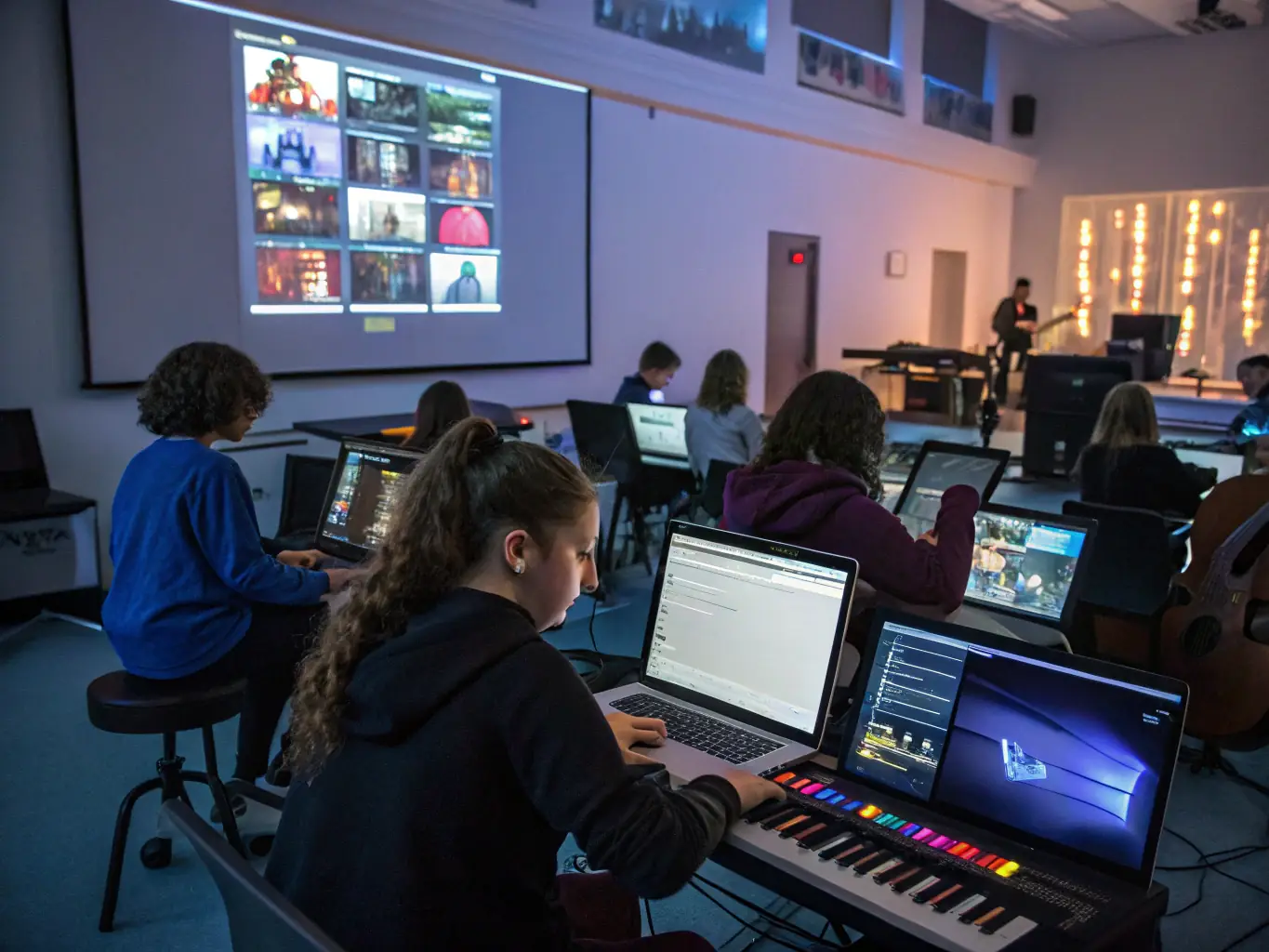 A vibrant image of students participating in a music workshop, focusing on collaborative learning and skill development.