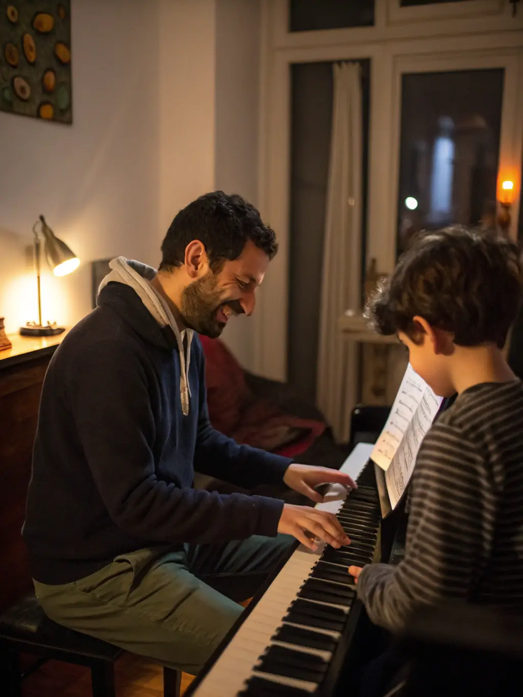 A student receiving one-on-one instruction during a piano lesson, with the instructor providing guidance on technique and musical interpretation.