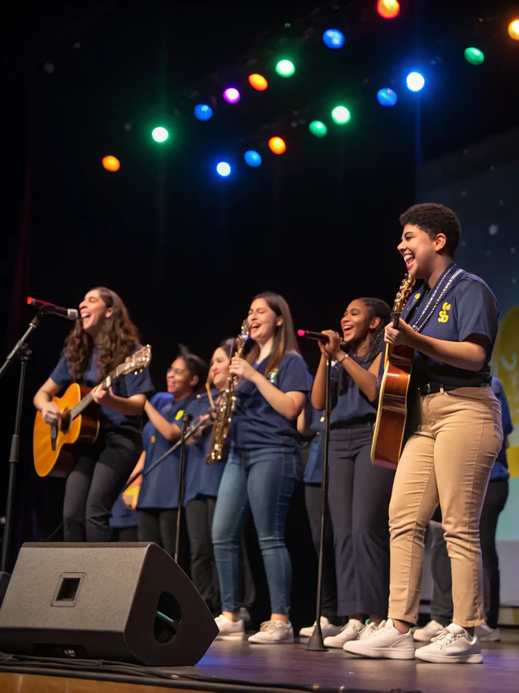 A group of young musicians performing on stage during a concert organized by ASSOCIATION CULTURELLE D'EDUCATION MUSICALE, showcasing their talent and dedication.
