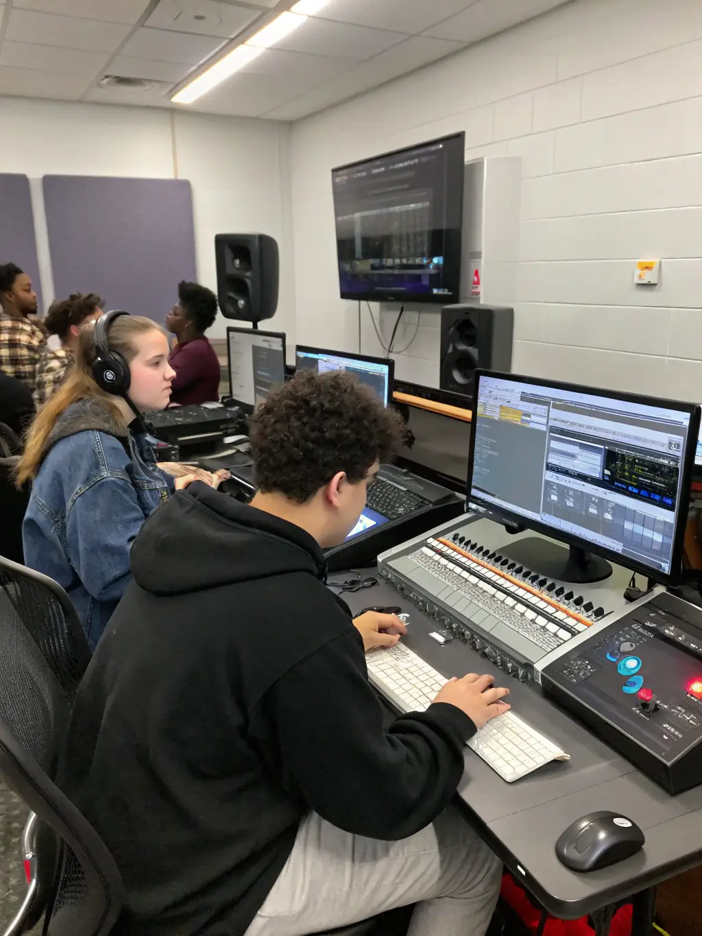 Students learning about digital audio-visual techniques in a modern studio setting, using computers and audio equipment.