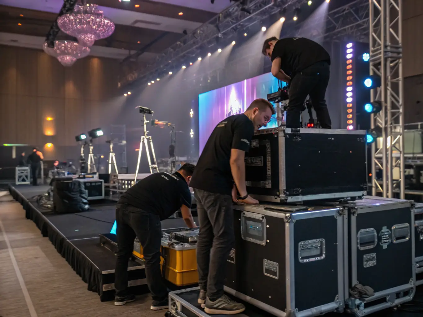 A behind-the-scenes image of volunteers setting up audio-visual equipment for a cultural event, highlighting the technical support provided by the organization.
