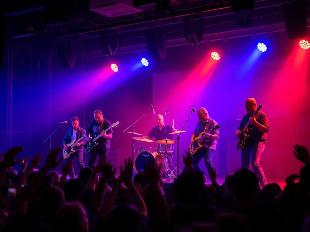 A dynamic image of a live musical performance supported by the organization, showcasing the technical setup and the energy of the performers on stage.
