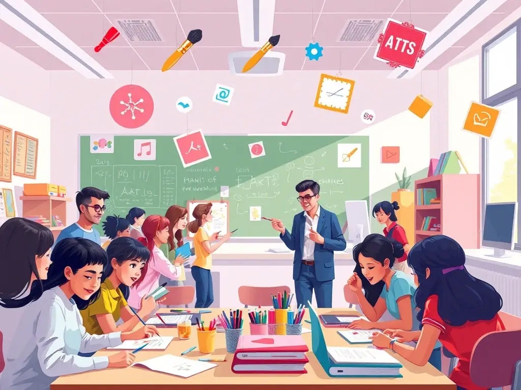 A vibrant image of students participating in a music workshop, focusing on hands-on learning and collaboration, set in a classroom environment with musical instruments visible.